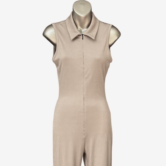 Stretch Flare Leg Jumpsuit Hippie Disco Boho Gray Front Zip D&M Womens Small S - Picture 2 of 7